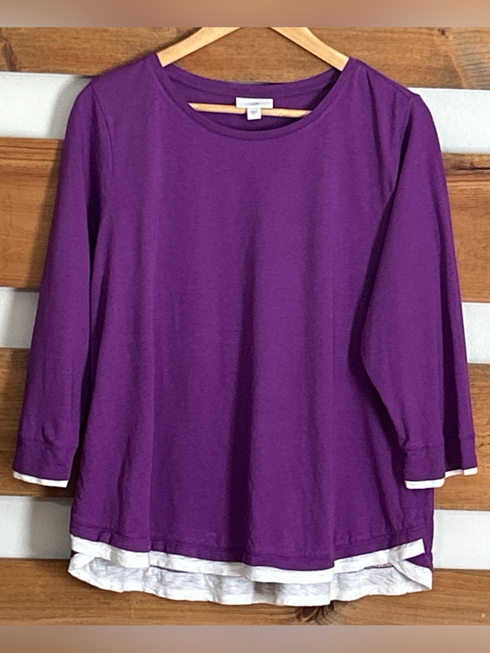 J.Jill Vibrant Purple 3/4 Sleeve Tee w/White Layered Trim Hem Casual Size Large